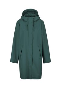 Parka verte résistante à l'eau avec capuche, fermeture à boutons-pression, cordons réglables et deux poches latérales. Texture lisse et mate.