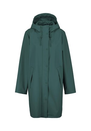 Waterbestendige groene parka met capuchon, drukknoopsluiting, verstelbare trekkoorden en twee zijzakken. Gladde, matte textuur.