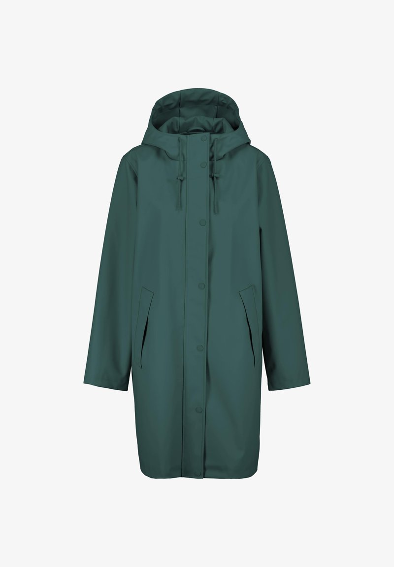 Waterbestendige groene parka met capuchon, drukknoopsluiting, verstelbare trekkoorden en twee zijzakken. Gladde, matte textuur.