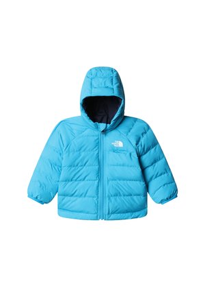 Světlomodrá prošívaná bunda s kapucí, předním zipem a elastickými manžetami, s bílým logem "The North Face" na prsou.