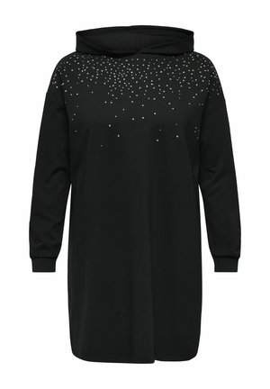 Zwarte hoodie jurk met lange mouwen, met een verloop van kleine, zilveren versieringen over het borstgebied.