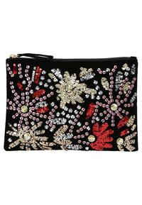 Svart sammetsväska med en blommig paljettdesign i röd, rosa, guld och silver, med dragkedjestängning och dekorativa detaljer.