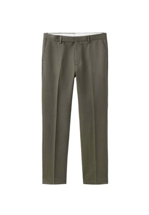 Maslinasto-zelene hlače po mjeri s petljama za remen, bočnim džepovima i kopčanjem na gumb u struku.