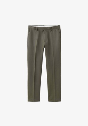Pantaloni su misura verde oliva con passanti per cintura, tasche laterali e chiusura con bottone in vita.