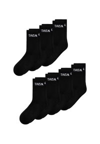 Ti par sorte crew sokker med hvid "T.W.S.N." tekst og en lille nedadgående pil tæt på toppen af ribbenet, arrangeret i to rækker.