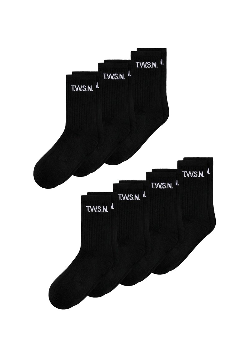 Ti par sorte crew sokker med hvid "T.W.S.N." tekst og en lille nedadgående pil tæt på toppen af ribbenet, arrangeret i to rækker.