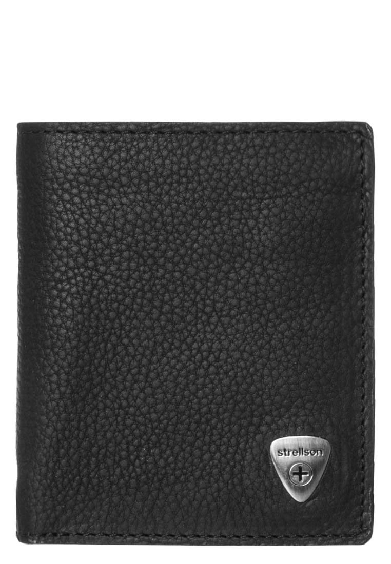 Portafoglio in pelle nera con finitura texturizzata, design bi-fold classico e una placca in metallo argentato nell'angolo in basso a destra.