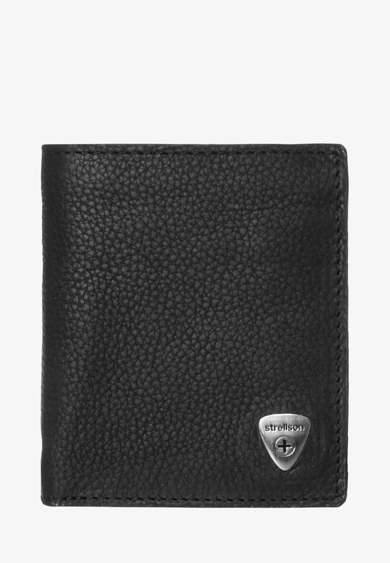 Portefeuille en cuir noir avec une finition texturée, design bi-fold classique et une plaque logo en métal argenté dans le coin inférieur droit.