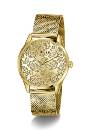 Goudkleurig damespolshorloge met wijzerplaat met bloemenpatroon, kristallen uurmarkeringen, mesh band en driedelige analoge klok van Guess.