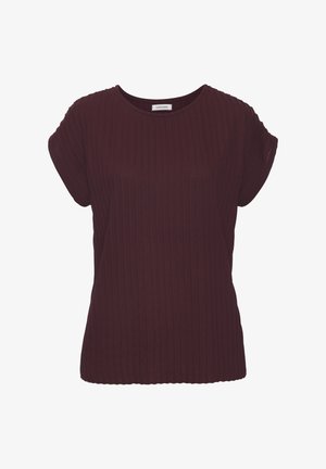 Burgundy short-sleeve T-shirt made from ribbed fabric, featuring a round neckline and a relaxed fit, with a smooth, soft texture.