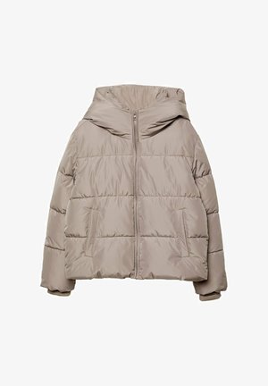 Padded, hooded jacket in light beige, featuring a zip front, two front pockets, and stitched detailing for insulation. Smooth, shiny texture.