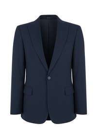 Granatowa marynarka o dopasowanym kroju z klapą, zapinana na jeden guzik, z dwiema przednimi kieszeniami. Gładki materiał w uporządkowanym fasonie.