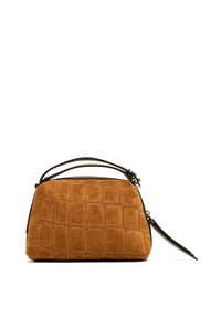 Borsa a mano in suede beige con un motivo a griglia testurizzato, manico corto e tracolla rimovibile. Compatta e con una forma strutturata.