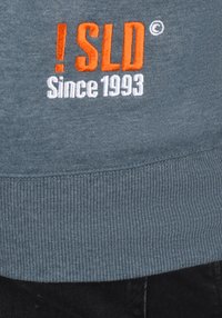 Grå sweatshirt med ribbad nederkant, med orange och vit broderad text "! SLD Since 1993." Mjuk textur och avslappnad design.