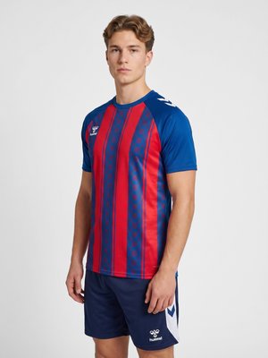 Jonge man met een blauw-rood gestreept sportshirt en marineblauwe korte broek, staand met een neutrale gezichtsuitdrukking tegen een effen achtergrond.