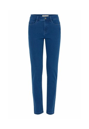 Blå denimjeans med slim fit, som har en medelhög midja, fem fickor och knappstängning. Slät yta med minimal blekning.