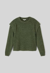 Pull en tricot vert avec des manches longues, un col côtelé et des détails aux épaules. Le tissu a une finition douce et texturée, offrant de la chaleur.