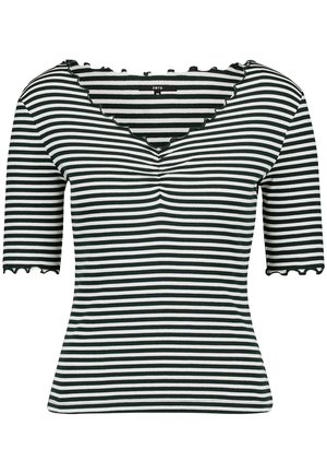 Haut à manches courtes rayé horizontal noir et blanc avec encolure en V festonnée et bords de manches et d'ourlet à volants.