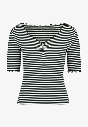 Čierno-biele horizontálne pruhované tričko s krátkym rukávom, vroubkovaným výstrihom do V a volánikovými okrajmi rukávov a lemu.