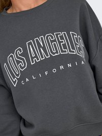 Mørkegrå sweatshirt med stor hvid omridstekst "LOS ANGELES" buet over mindre tekst "CALIFORNIA" foran, båret af en person.