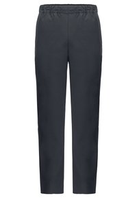 Donkergrijze, lichtgewicht broek met een elastische tailleband, rechte pijpen en zonder zichtbare patronen of versieringen.