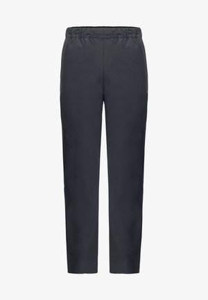 Donkergrijze, lichtgewicht broek met een elastische tailleband, rechte pijpen en zonder zichtbare patronen of versieringen.