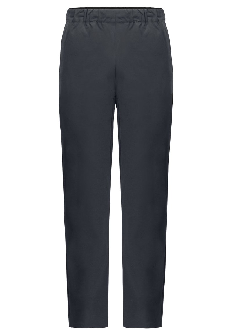 Donkergrijze, lichtgewicht broek met een elastische tailleband, rechte pijpen en zonder zichtbare patronen of versieringen.