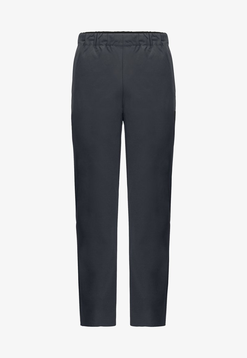 Pantaloni leggeri di colore grigio scuro con vita elastica, design a gamba dritta e senza motivi o decorazioni visibili.