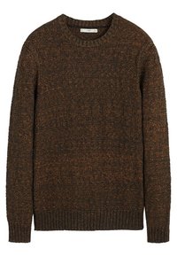 Dunkelbrauner Pullover mit strukturiertem Strickmuster, rundem Ausschnitt und gerippten Bündchen. Akzente in hellbraun im gesamten Stoff.