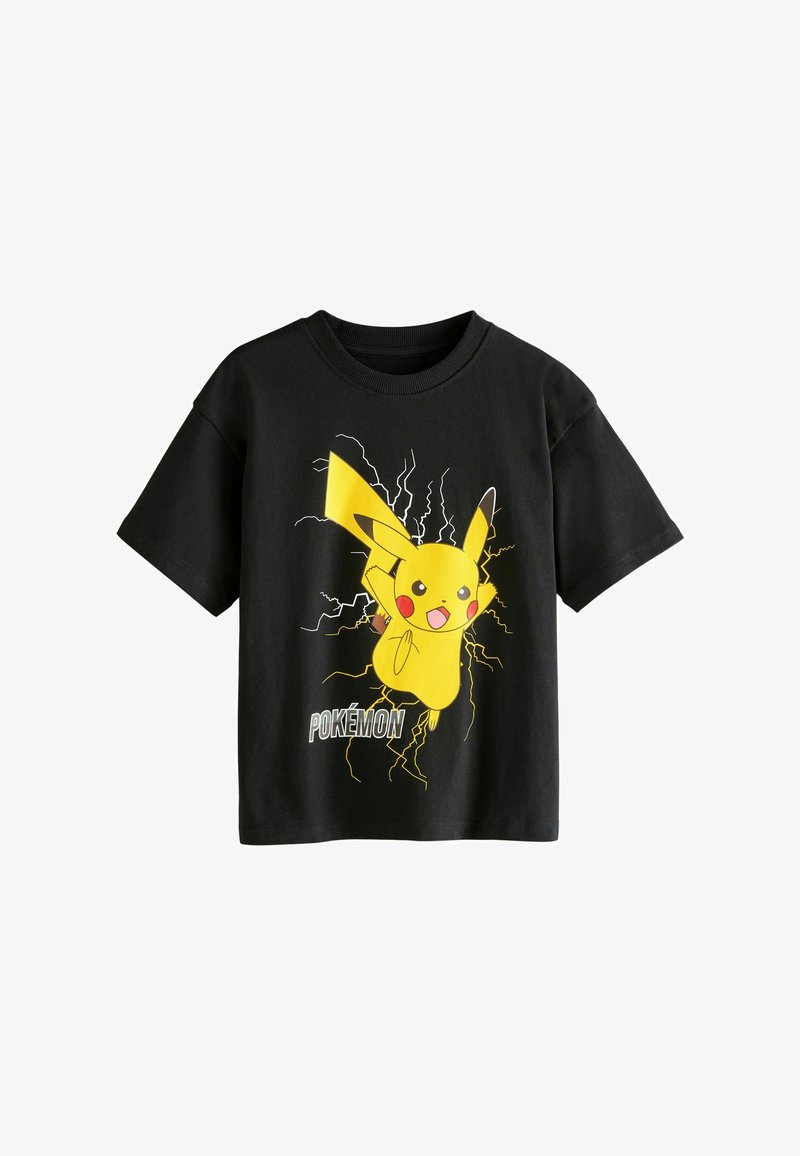 Svart bomullströja med en stor gul Pikachu-grafik omgiven av blixtar, med ordet "POKÉMON" tryckt nedanför.