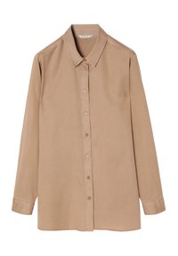 Beige overhemd met knopen, een klassieke kraag, lange mouwen en een gladde textuur. Voorzien van bijpassende knopen aan de voorkant.