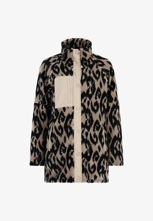 Fleecasta jakna s bež i crnim leopard uzorkom, bež preklop s gumbima, bež džep na prsima i bočni džepovi na zip.
