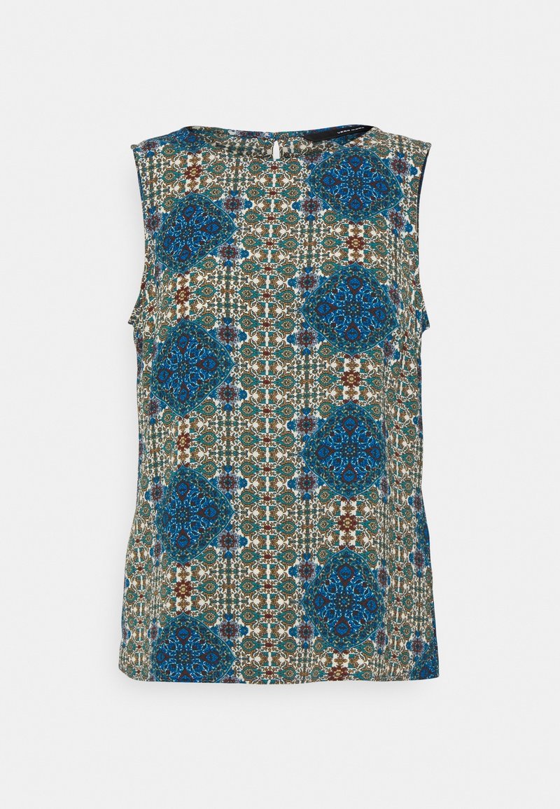 Canotta senza maniche con intricati motivi geometrici e floreali blu, verdi e marroni su uno sfondo crema, dotata di una piccola chiusura con bottone a chiave.
