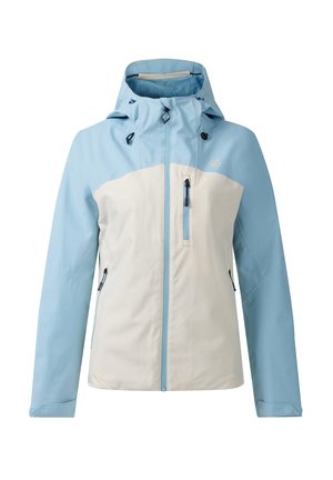 Chaqueta deportiva con capucha de color azul claro y beige, con cremallera frontal completa y tres bolsillos con cremallera, diseñada para clima frío o lluvioso.