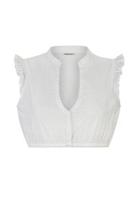 White crop top made of textured fabric with small eyelet patterns, short ruffled sleeves, and a shallow V-neck. Elasticated waist detail.
