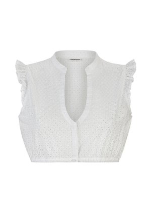 Weißes Crop-Top aus strukturiertem Stoff mit kleinen Lochmustern, kurzen Rüsche-Ärmeln und einem flachen V-Ausschnitt. Gummizug in der Taille.