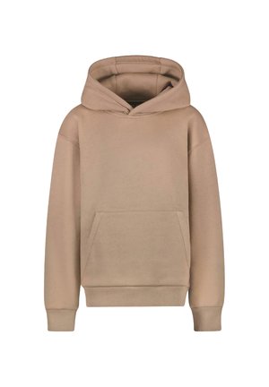 Beige hoodie gemaakt van zachte stof. Heeft een grote voorkant zak, ribgebreide manchetten en een trekkoord capuchon. Eenvoudig ontwerp zonder patronen.