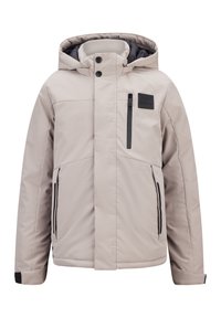 Hellgraue isolierte Jacke mit Kapuze, Frontreißverschluss und schwarzen Akzenten. Verfügt über eine Brusttasche und verstellbare Bündchen. Glatte Textur.