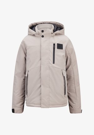 Light gray insulated jacket with a hood, front zipper, and black accents. Features a chest pocket and adjustable cuffs. Smooth texture.