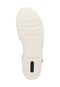 Witte rubberen schoenzool met textuurpatronen, voorzien van een zwart "remonte" logo en groevenontwerpen voor grip.