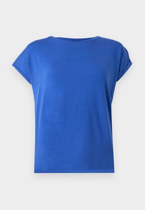 Kurzärmliges T-Shirt mit Rundhalsausschnitt aus glattem Stoff in lebhaftem Blau. Verfügt über eine lockere Passform und aufgerollte Ärmeldetails.