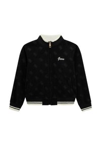 Veste zippée noire avec un motif logo discret, col et poignets en rib, avec des rayures horizontales. Tissu doux avec poches latérales.