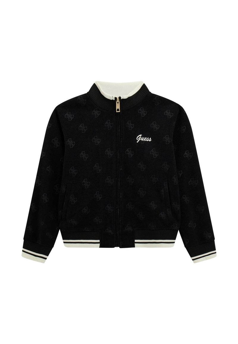 Veste zippée noire avec un motif logo discret, col et poignets en rib, avec des rayures horizontales. Tissu doux avec poches latérales.