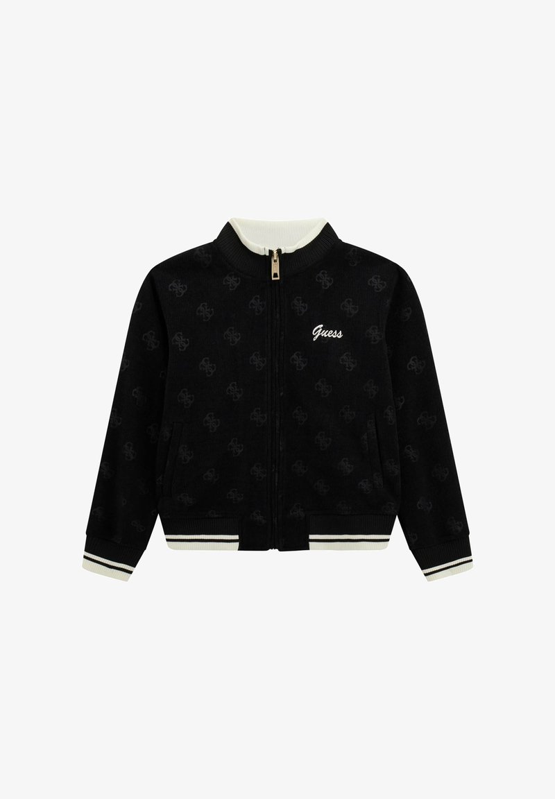 Veste zippée noire avec un motif logo discret, col et poignets en rib, avec des rayures horizontales. Tissu doux avec poches latérales.