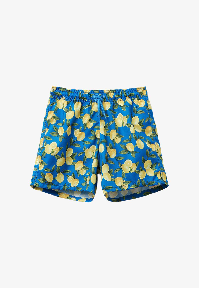 Blue swim shorts with a lemon print, featuring a drawstring waist and elastic band. Made from lightweight, quick-drying fabric.