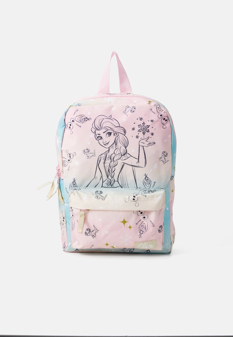 Svetlo roza in modra poliester nahrbtnik z ilustracijami Elze, snežnimi motivi in sprednjim žepom z zadrgo ter bež poudarki.
