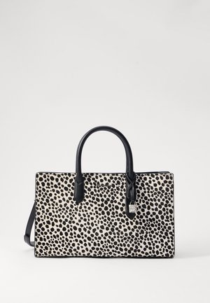 Black and white leopard print handbag with two top handles, a detachable shoulder strap, and silver hardware accent. Textured finish.
