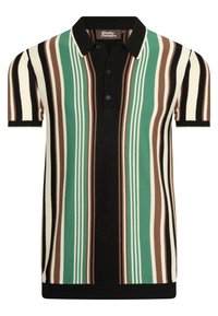 Pruhovaný polo tričko s vertikálními pruhy v zelené, hnědé, černé a krémové barvě. Pletenina, krátké rukávy a zapínání na tři knoflíky.