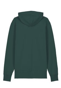 Een hoodie in donker groen, met lange mouwen, een relaxte pasvorm en ribbelboorden aan de mouwen en onderkant. Gladde stofstructuur, zonder zichtbare patronen.