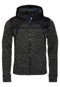 Sort og grå hættetrøje med tekstureret design, lynlåslukning foran og to brystlommer. Har blå accenter og justerbare snore.